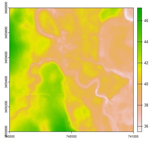 High resoultion map of a 1km2 area showing gentle changes in elevation and several small creeks and ridges