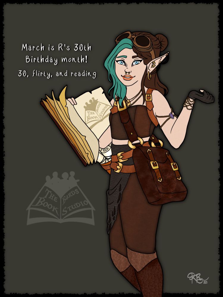 A elf bard with a big book and satchel on one side with scrolls on the other with brown and blue split hair.