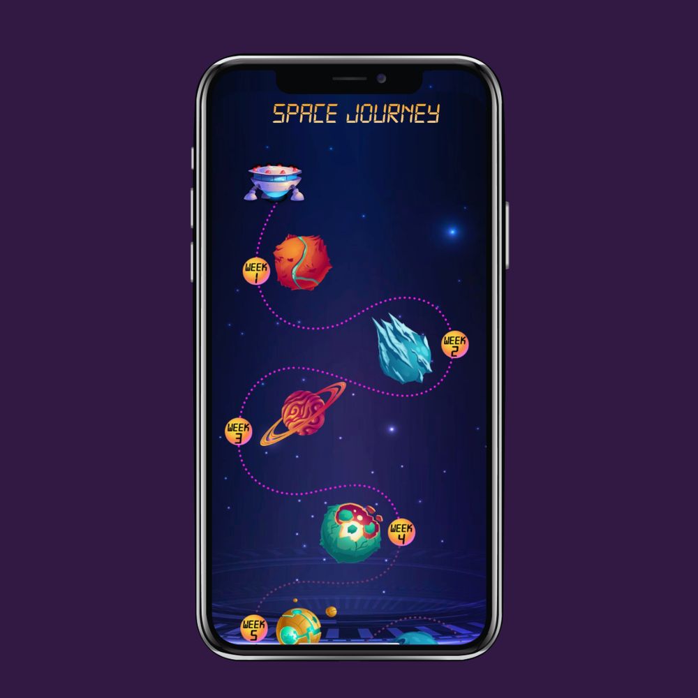 A screenshot of the Mission Play app on an iPhone on a purple background.