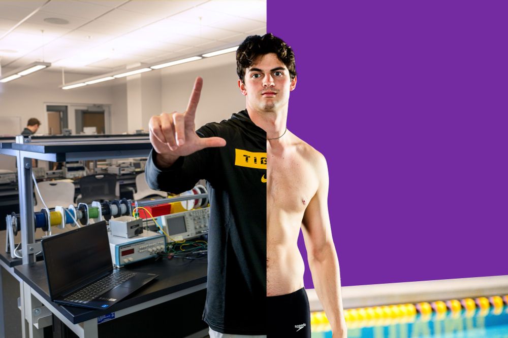 A split screen edit of LSU swimmer and computer engineering student Andrew Garon. On the left, he stands in a computer lab in a black hoodie holding up an L with his fingers. On the right, he stands in his swimming uniform with a purple background and a swimming pool at the bottom. 