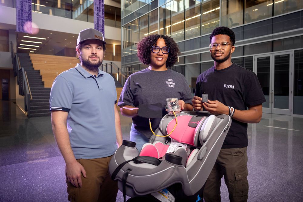A photo of LSU students Trevor Perrault of New Roads, Louisiana; Victoria Irondi of Baltimore, Maryland; and Nnamdi Dike of Lagos, Nigeria with the device they created. 