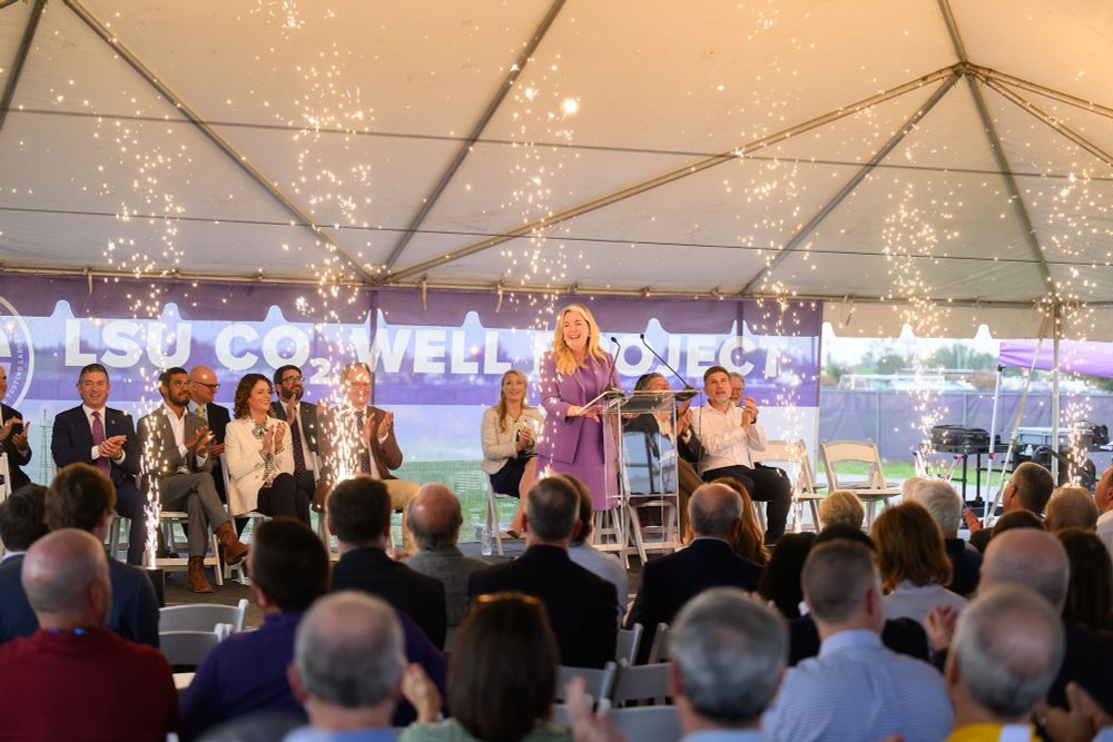 Sparklers flaring up after LSU Engineering Dean Vicki Colvin spoke at the PERTT Lab's CO2 research well pudding ceremony earlier this year. 