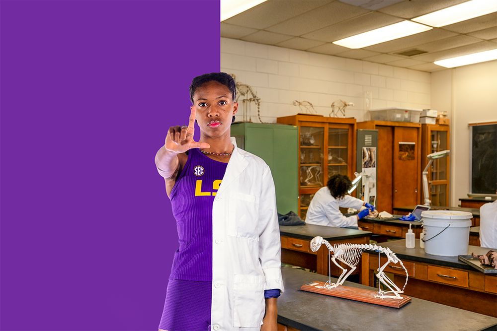 A split-screen edit of LSU track team member Michaela Rose. On the left, she stands in her track uniform holding up an L with her hand. On the right, she wears a white lab coat while in an anatomy lab on LSU's campus.