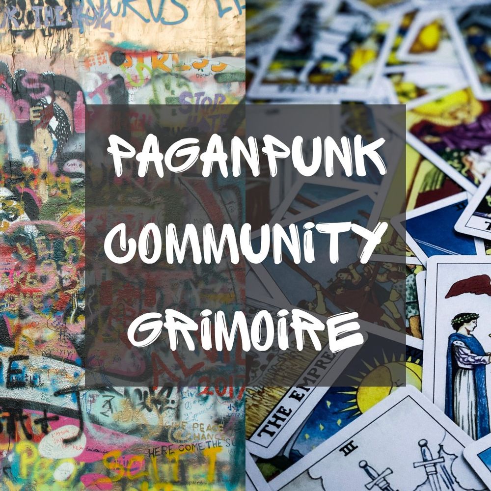 A square image split in half vertically. On the left side is a wall of graffiti in shades of pink and yellow, with black and blue faded text. On the right side is a zoomed in image of various tarot cards.

Center on the image is a gray square with the text: PaganPunk Community Grimoire.