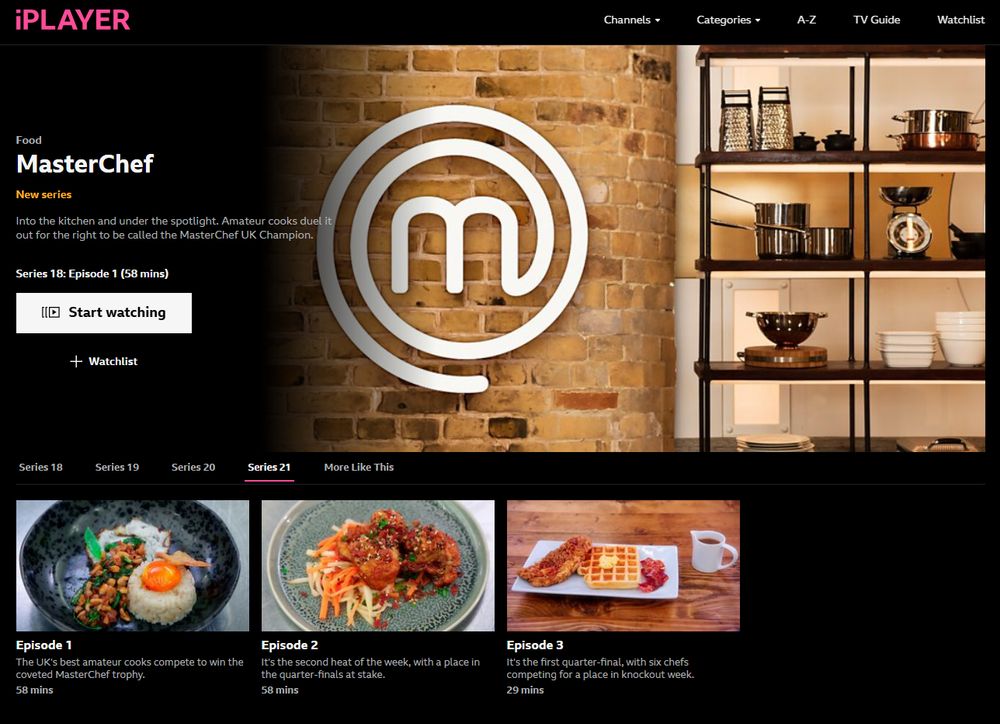 MasterChef Series 21 page on BBC iPlayer showing no judges, contestants or guests. Just a big logo on the wall and some photos of dishes.