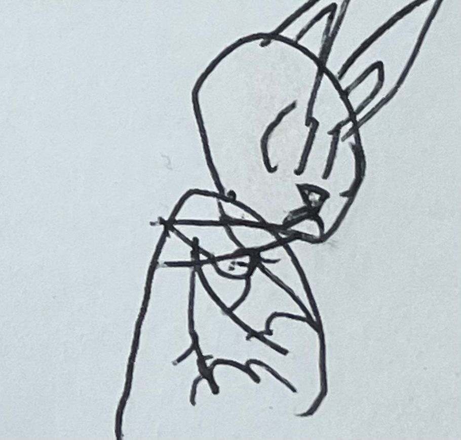 A line drawing of a bat drawn by a child. The bat is frightened and has drawn its wings in