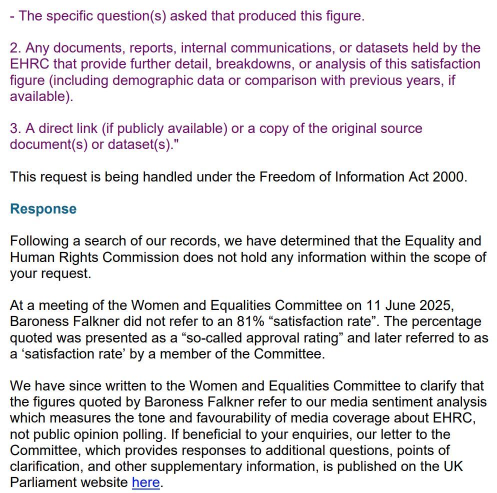 Screenshot of a document regarding a Freedom of Information Act request. It lists three points asking for: "The specific question(s) asked that produced this figure," "Any documents, reports, internal communications, or datasets held by the EHRC that provide further detail, breakdowns, or analysis of this satisfaction figure (including demographic data or comparison with previous years, if available)," and "A direct link (if publicly available) or a copy of the original source document(s) or dataset(s)." The document states, "This request is being handled under the Freedom of Information Act 2000." The response indicates that the Equality and Human Rights Commission does not hold the requested information. It further clarifies that Baroness Falkner did not refer to an 81% "satisfaction rate" at a meeting, and the figures quoted refer to media sentiment analysis, with additional information available on the UK Parliament website here.