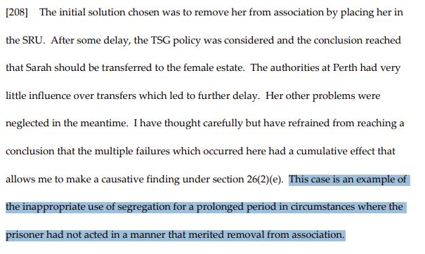 Text excerpt discusses a delayed transfer and inappropriate prolonged segregation of a prisoner, highlighting a failure in policy management. Key section highlighted.