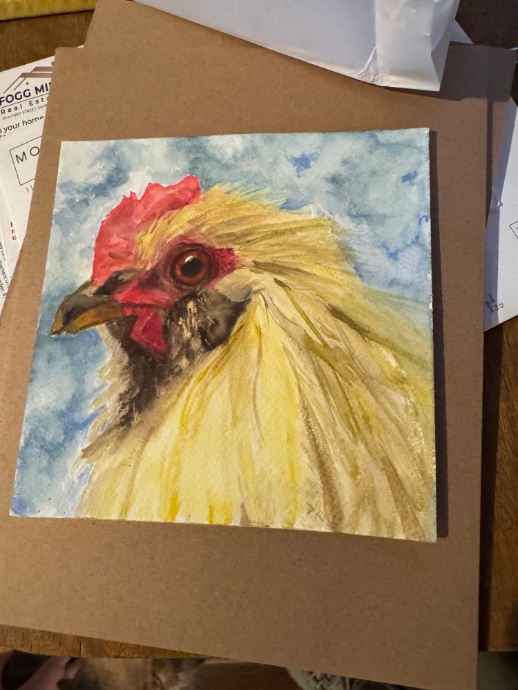 A painting by Erika Hall of a yellow chicken named Marlowe. 