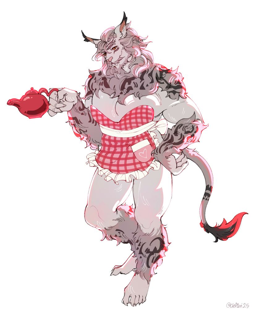 Dyri with his hair down while only wearing a small red, checkered apron and holding a tea pot