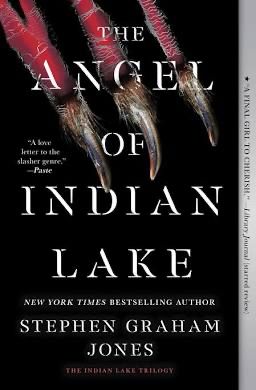 The cover of Angel of Indian Lake. White text on a black background with bear claws ripping through to expose a red background.
