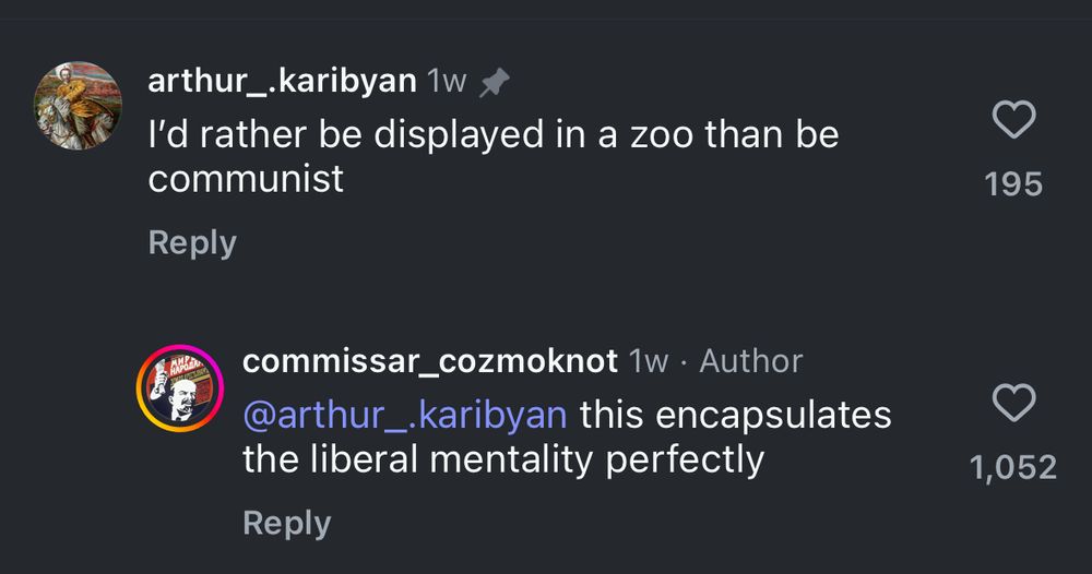 arthur_karibyan 1w A I'd rather be displayed in a zoo than be communist Reply commissar_cozmoknot 1w • Author @arthur_karibyan this encapsulates the liberal mentality perfectly Reply 195 1,052