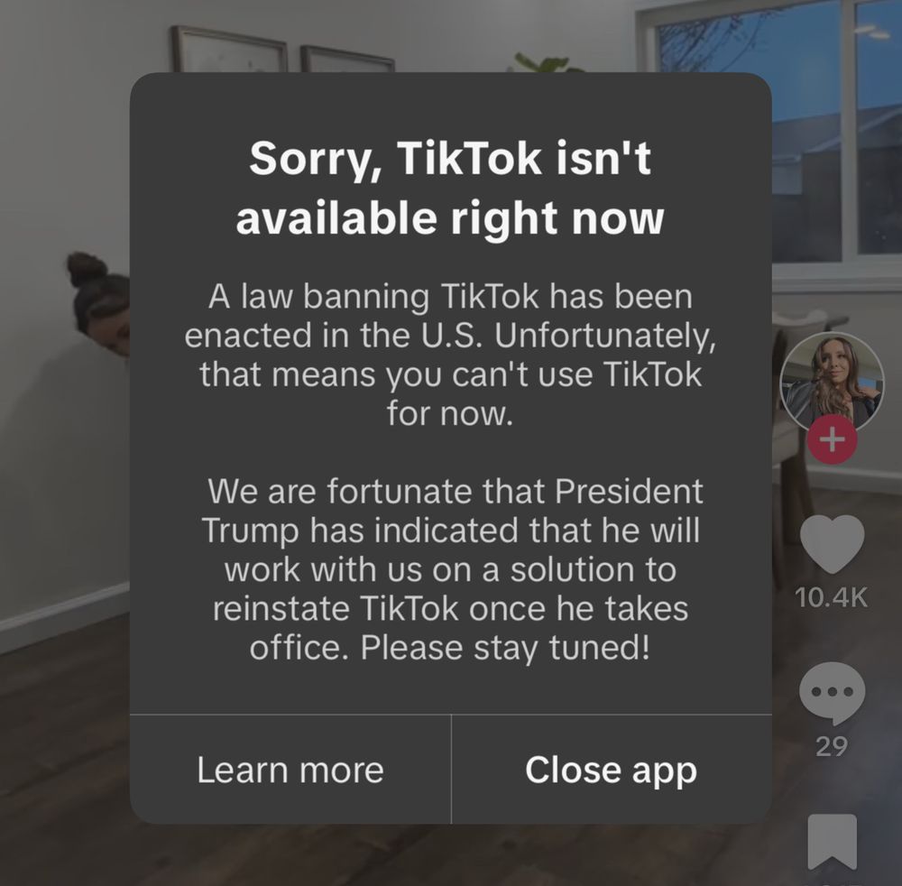 Sorry, TikTok isn't available right now
A law banning TikTok has been enacted in the U.S. Unfortunately, that means you can't use TikTok for now.
We are fortunate that President Trump has indicated that he will work with us on a solution to reinstate TikTok once he takes office. Please stay tuned!
Learn more
Close app