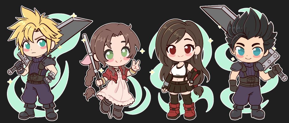 cloud strife, aerith gainsborough, tifa lockhart, and zack fair in a cute chibi art style from final fantasy 7 <3