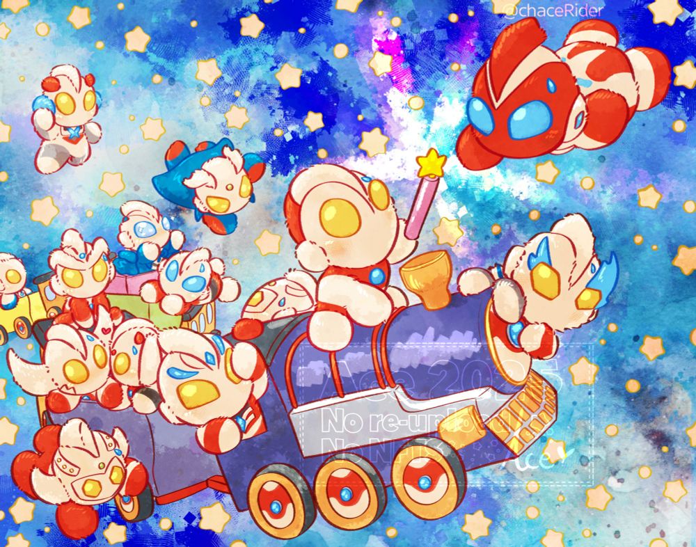 A digital illustration done in the M78 Fuwa Fuwa style, showing various fluffy chibi Ultras riding a colorful toy train through space. At the front of the train, Ultraman is handing off a star baton to Omega, who is flying in from the corner. End ID.