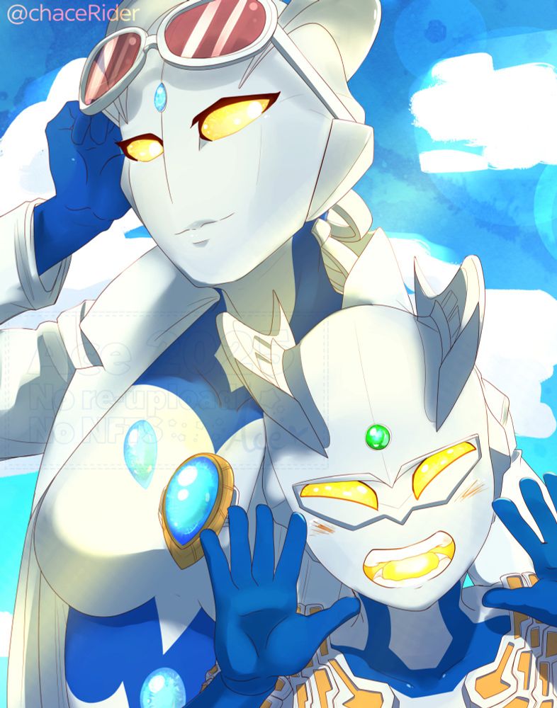 A digital illustration of Alfia and her son, Zero, done in the style of a summer selfie. Zero is a child, posing energetically with a big grin. Alfia is wearing her white labcoat and raising a pair of white sunglasses so she can look at the camera directly. Behind them is a blue sky with white fluffy clouds. End ID.