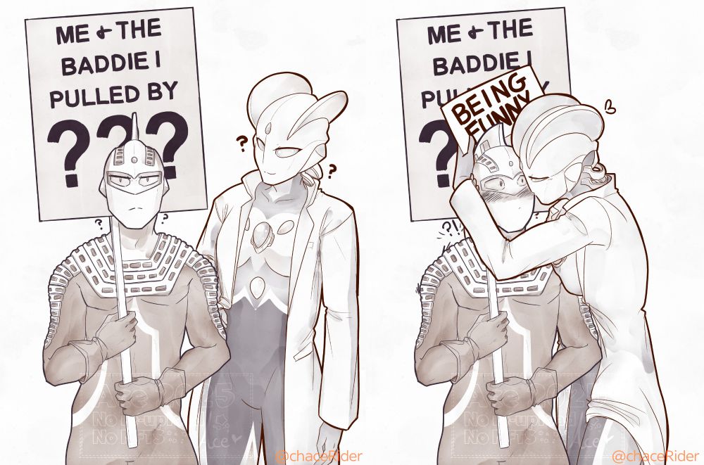 A digital sketch of Ultraseven and Alfia. On the left side, Seven is holding up a sign that reads "ME & THE BADDIE I PULLED BY ???", looking confused; Alfia is standing next to him, also looking confused. On the right side, Alfia has leaned down to kiss Seven's cheek, holding up a smaller sign over his that reads "BEING FUNNY"; Seven looks startled and embarrassed. End ID.