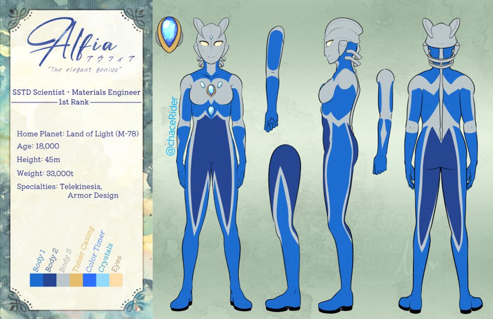 A digital illustration of a character sheet for an Ultraman OC, a blue female Ultra named Alfia. She has a teardrop-shaped color timer, as well as three other similarly-shaped blue gems on her torso, and one more gem on her forehead. She also has two fins on her head. On one side, her stats are listed as: "SSTD Scientist, Materials Engineer, 1st Rank. Home Planet: Land of Light (M-78). Age: 18,000. Height: 45m. Weight: 33,000t. Specialties: Telekinesis, Armor Design." End ID.