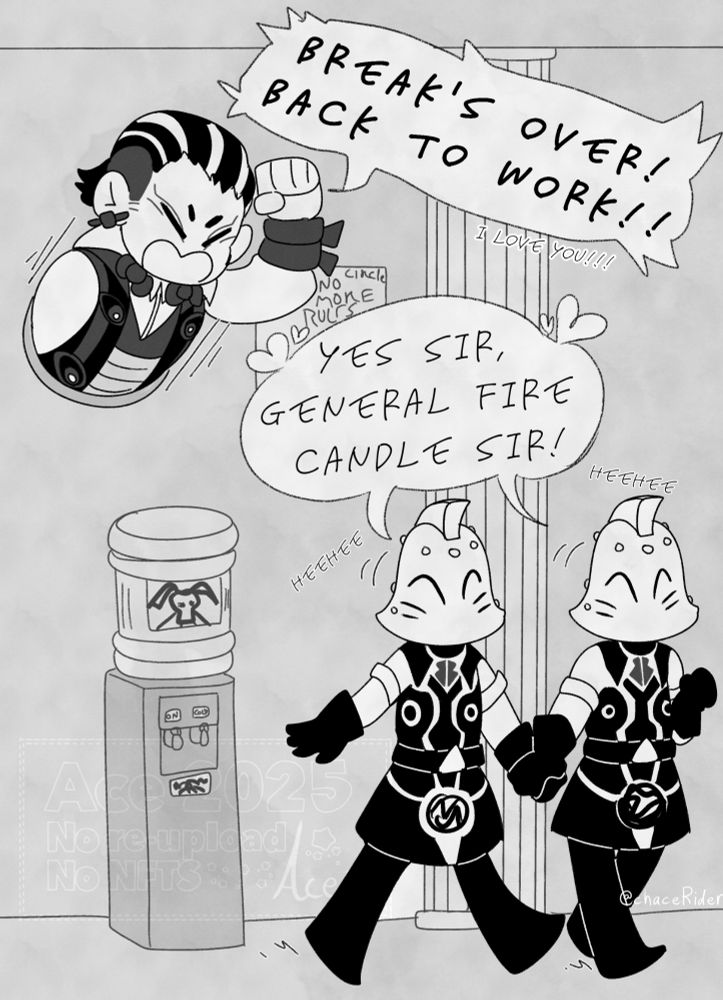 A black-and-white bonus panel for the previous comic, with General Fire Candle popping out of the circular clock on the break room wall to yell: "BREAK'S OVER! BACK TO WORK!!" (Small text adds "I LOVE YOU!!") The two footsoldiers are running away giggling, "YES SIR, GENERAL FIRE CANDLE SIR!" End ID.