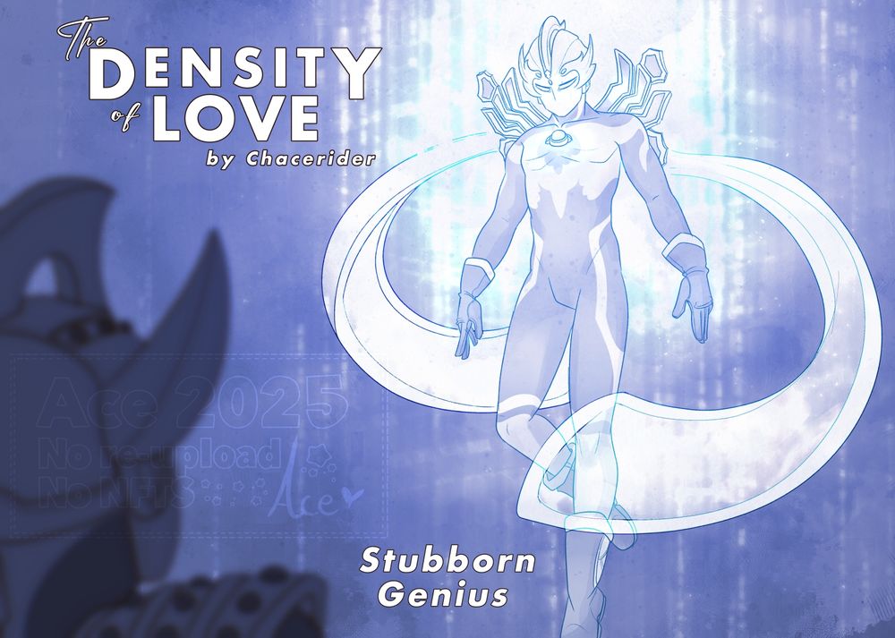 A digital monochrome sketch of Teo and Ultraman Taro, done in blue. Teo is the focus of the piece, floating with a meditative expression and surrounded by a bright glow. Out of focus in the foreground, a surprised Taro looks on. Text in the corners reads 'The Density of Love' and 'Stubborn Genius'. End ID.