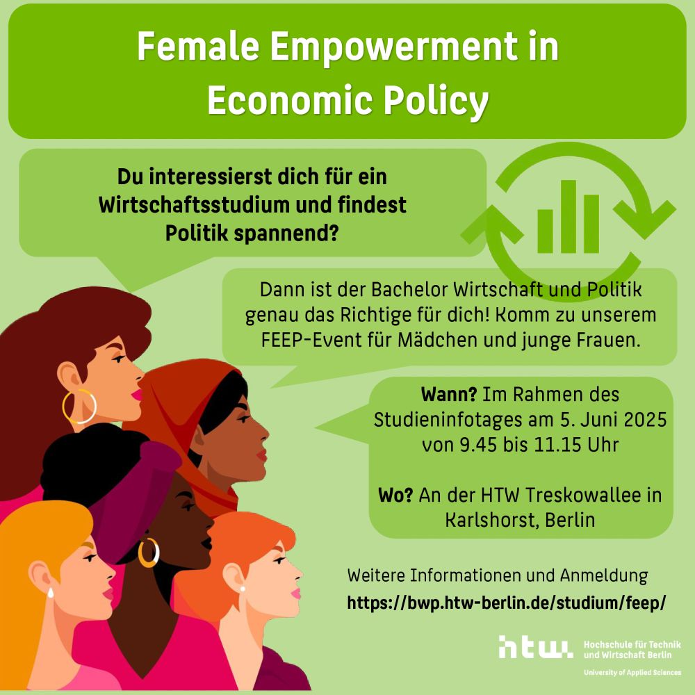 Poster für das Event „Female Empowerment in Economic Policy“ an der HTW Berlin. Eingeladen sind Mädchen und junge Frauen zum Studieninfotag am 5. Juni 2025 (9:45–11:15 Uhr) zum Bachelor Wirtschaft und Politik. Links Illustrationen junger Frauen, rechts Veranstaltungsinfos und Anmeldelink: https://bwp.htw-berlin.de/studium/feep/