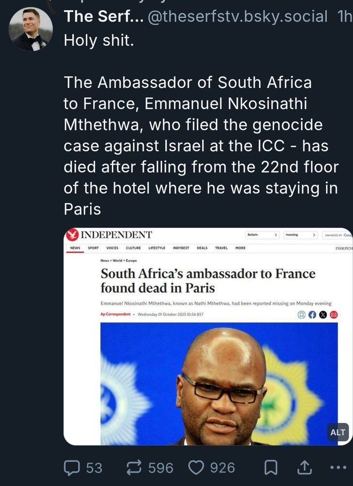 Viral bluesky post alleging the death of South Africa's ambassador to France was a reprisal for the court case against Israel. Features a thumbnail of an Independent article on his death that makes no such assertions and gives details that point to a planned suicide.