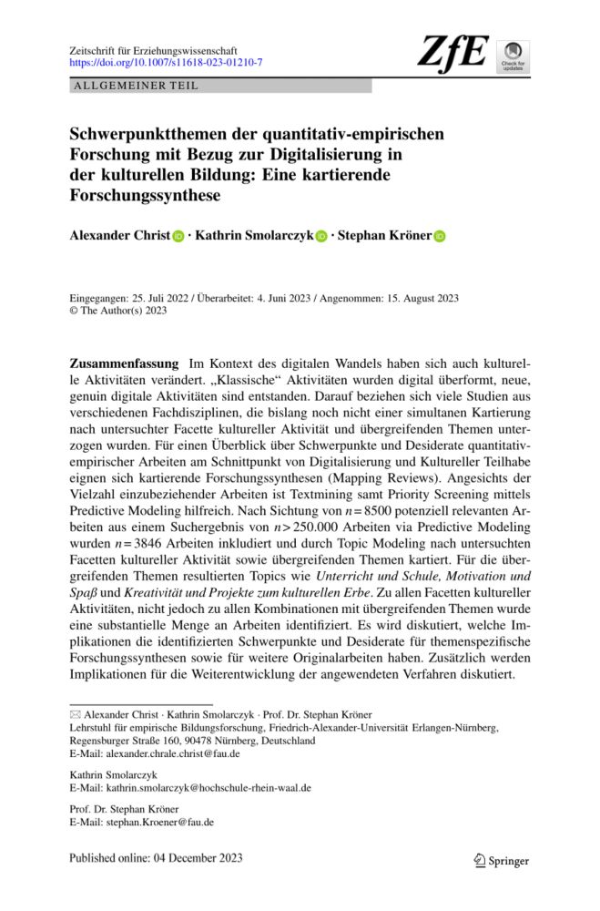 (PDF) Schwerpunktthemen der quantitativ-empirischen Forschung mit Bezug zur Digitalisierung in der kulturellen Bildung: Eine kartierende Forschungssynthese