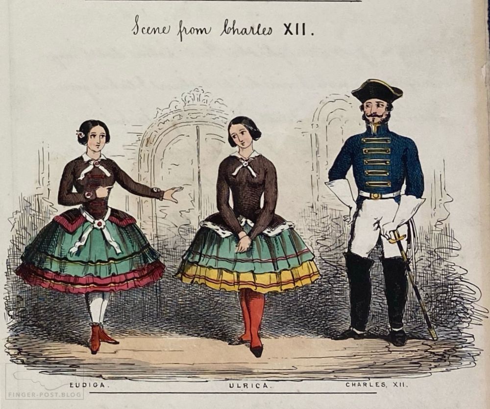 Image is from the Illustrated Arctic News, a shipboard newspaper produced during the 1850-1851 search for the #FranklinExpedition, a facsimile of which was published in 1852.

It shows a scene from the theatrical production of Charles XII. There are two very pretty female-presenting people in tight brown tops and brightly coloured hooped skirts, worn with coloured stockings. and a strapping male-presenting person in a tricorn hat, frogged navy jacket, white breeches and high black boots.