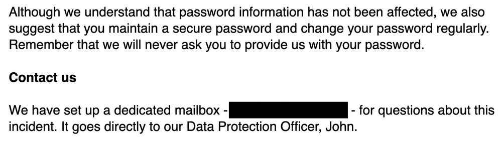 Screenshot of an email from LNER, in which they apologise for something that absolutely was not their fault, and throw their data protection officer to the wolves. Email address is redacted because poor John will be suffering enough.