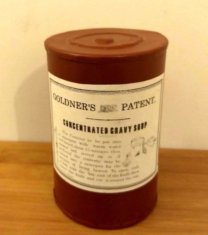 A replica Goldner's Patent food can, similar to the ones used by the Franklin Expedition. This replica was used by Peter Carney in his talks about the victualling of the expedition and the types of food the crew would have eaten. From http://erebusandterrorfiles.blogspot.com/2019/04/my-talk-at-mystic-seaport.html