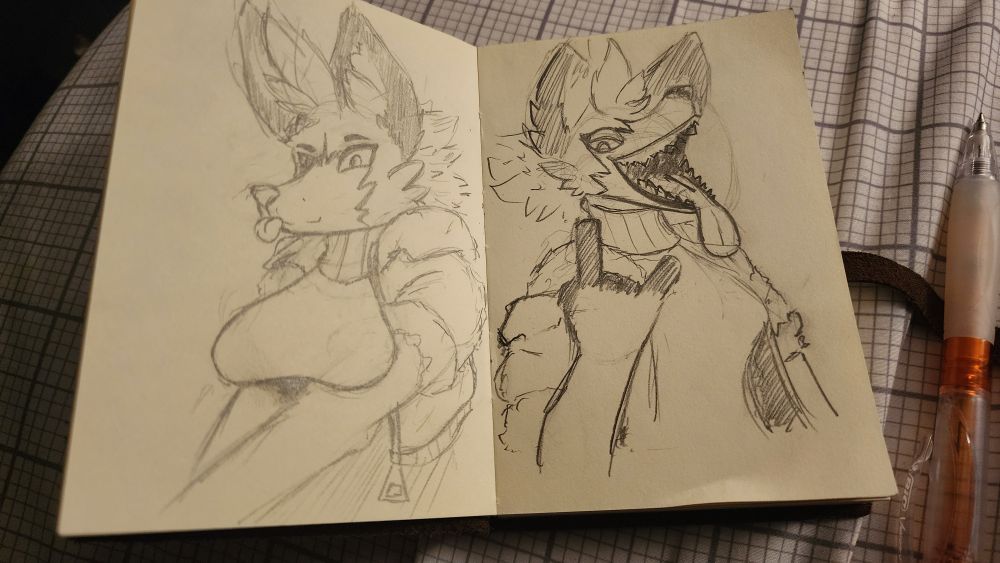 A photograph of a small sketchbook.
The left page has a drawing of a fox girl wearinging an aviator jacket and a turtle neck sweater. She is smiling at the viewer while bleping. Her arms are crossed at the hands and are pushing up her breasts.
The right page has the same character, again looking at the viewer, with her maw open and tongue hanging out. She is also throwning up devil horns with her right hand.