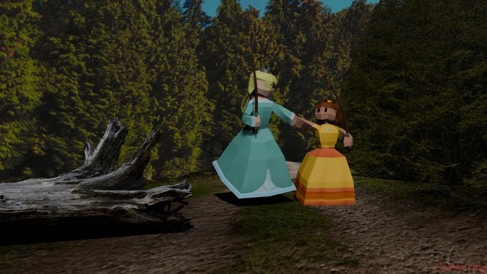 Princess Daisy and Rosalina looking at each other walking along a dirt path in the forest holding each other hands and fishing rods in their free hands. to the right there's a large fir tree and to the left is a fallen log.