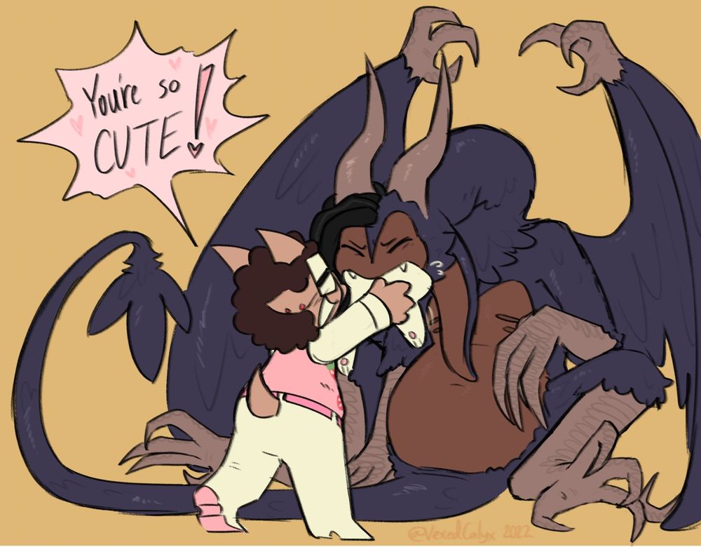 Sona feeding Coolmera, Cordell's chimera AU variant, a small antho rabbit. Only the rabbit's legs are showing out of his mouth. My sona shouts, "You're so CUTE!" 