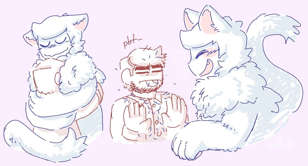 Human Samuel and Sphinx Gregory hugging. Sam's face is completely submerged into Greg's fur, and when he pulls away, fur is all over his shirt, hair, beard, and even some on his tongue. Greg looks at him bright and unbothered.