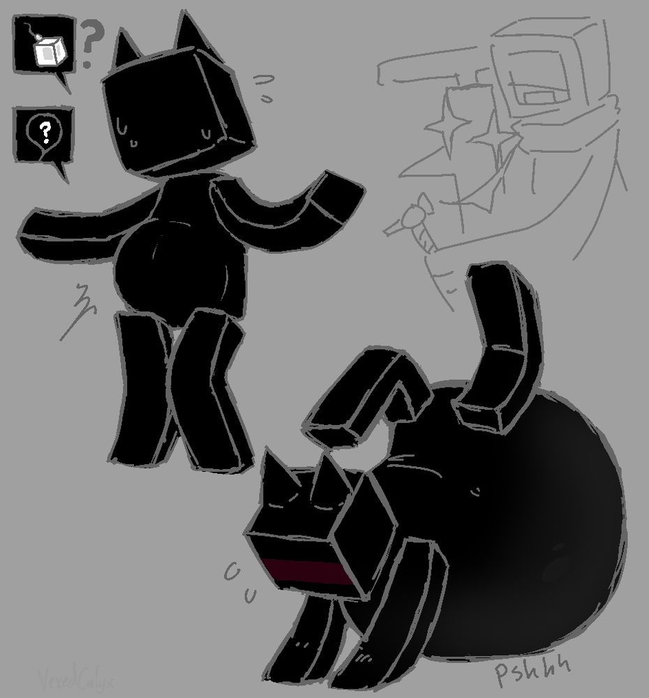 Two doodles of Crumb. One has them pregnant with two speech bubbles next to them with the depiction of a sperm cell going to a cube shaped egg and spacious womb with a question mark inside.
The other drawing is them laying on their inflated belly, struggling to not fall forward.