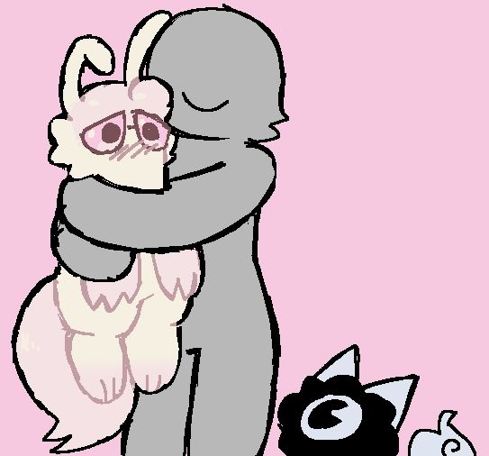 An anonymous individual holds him in their arms with a smile. His expression is blank and unreadable. 
A previous black and light blue critter with horns peeks up from the bottom of the canvas. 