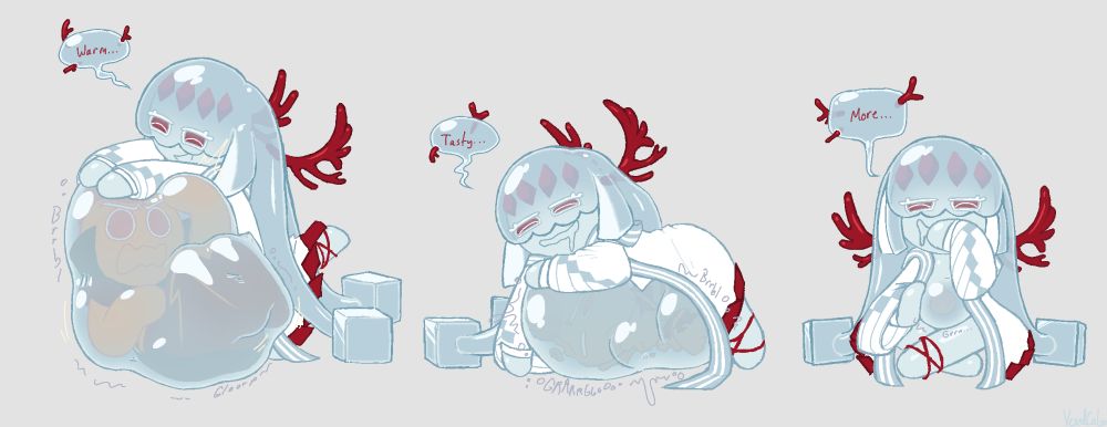 Three panels of Agar Agar Cookie digesting Fire Spirit Cookie. He starts off in a fetal position, slowly extinguishing and breaking down before only his fire orb is left behind in her belly. Agar Agar only responds in one word dialogue throughout: "Warm...", "Tasty...", "More..."