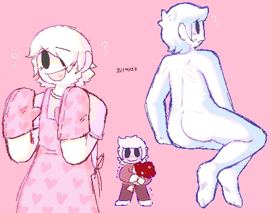Gregory in a matching pink hearts apron and oven mitts, a nude backside view mostly to show off light scarring from scratches, and a small doodle of him holding a bouquet of wet roses.