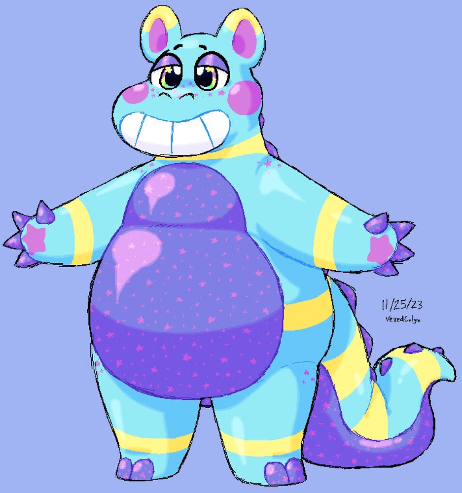 Eden's character Bubble; final design by me. 

Balloonie inspired design of some kind of fat anthropomorphic hippo-dinosaur hybrid. His body is mostly a bright blue with single yellow stripes on extremities and multiple down his dinosaur-like tail. His belly and general underside is purple with a sparkly star pattern. He has pink cheeks and pink stars on his hands and feet.