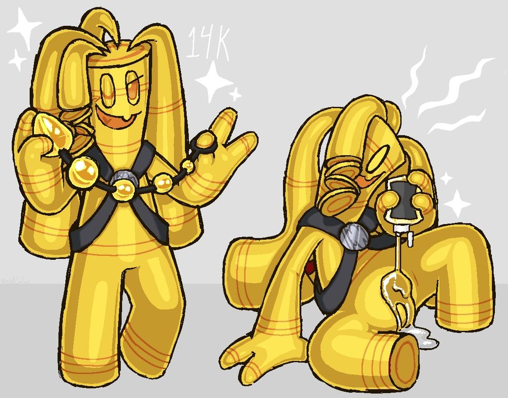 A Gholdengo OC showing off a large strand of 14 karat gold anal beads. 

The same Gholdengo sits on the floor, squeezing a bottle of lubricant over their featureless crotch. 