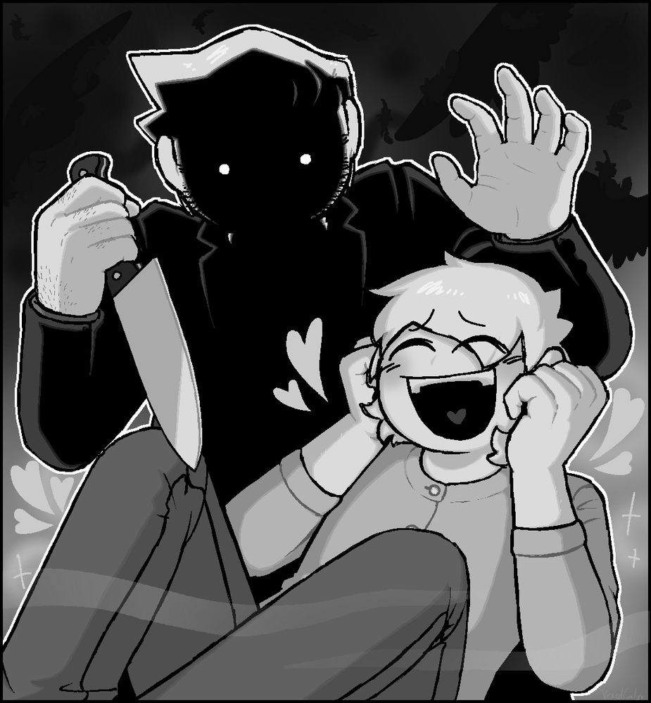 Black and white drawing of Samuel and Gregory. Sam's face is shrouded and he is holding a chef's knife. Gregory has a big smile on his face despite the circumstances. 

The piece is a reference to the shower scene in Psycho.