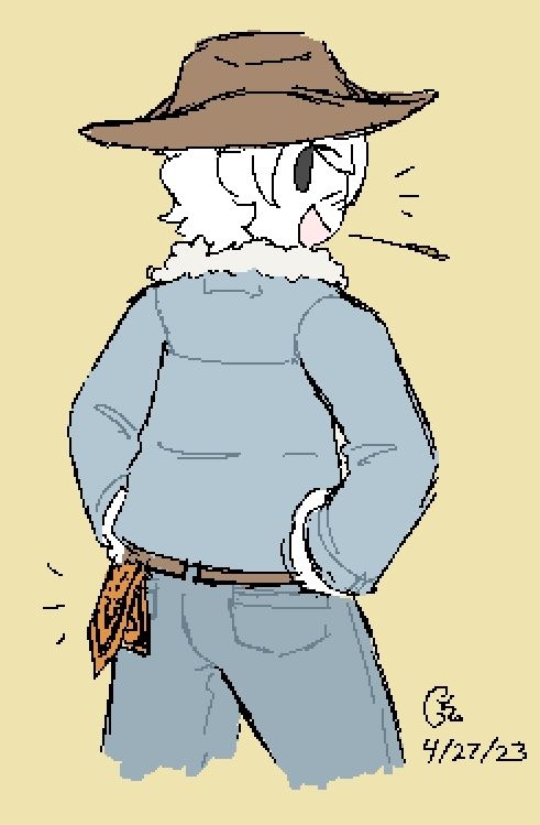 Gregory in cowboy attire. He has an orange handkerchief in his back left pocket, intended to be "anything, any time" in hanky code.