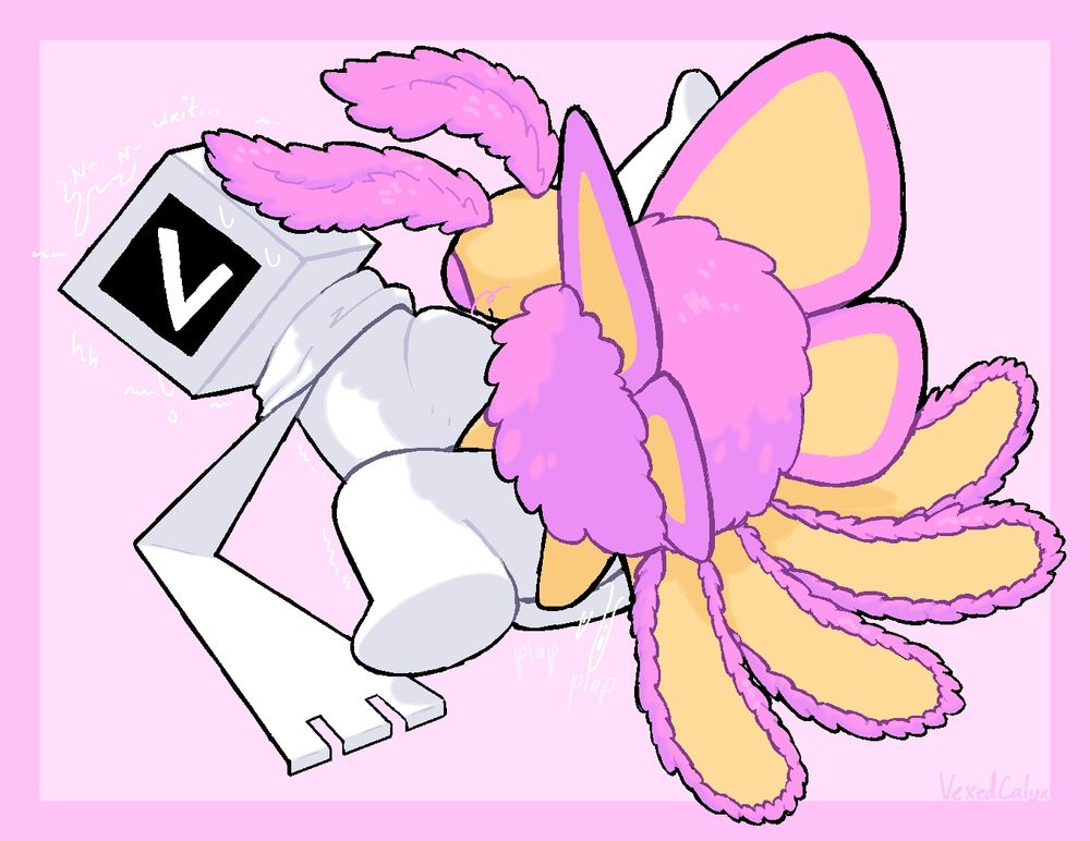 Pinkmoth's moth character fucking my cube character in a missionary position, his dick making a large bulge in their stomach. His antennae brush against their head.
Cube, willing but unprepared, begs for him to wait a second.