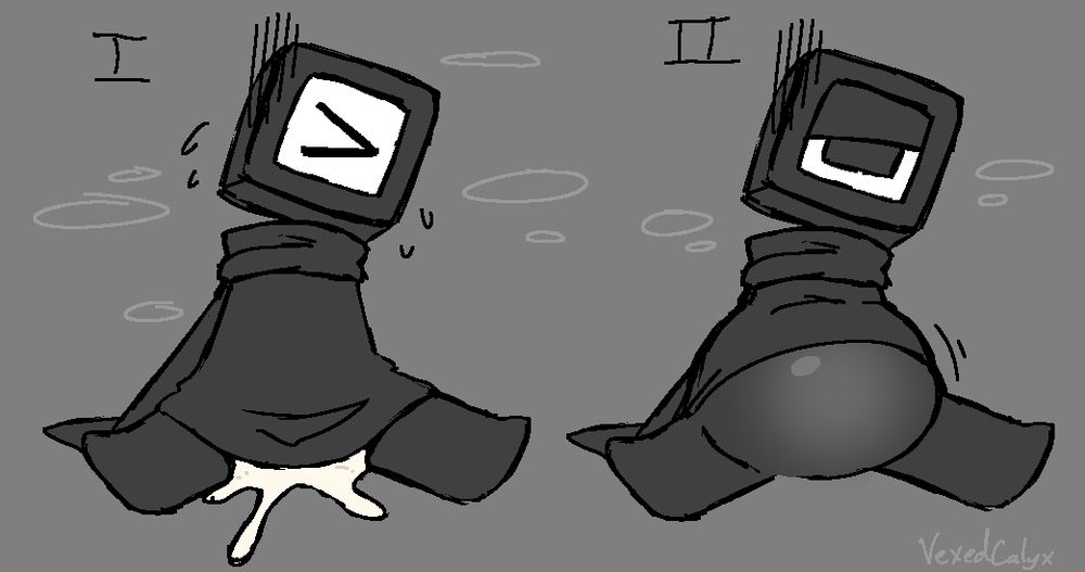 Two drawings of Cube with a cream pie in one and a cum-inflated belly in the other. Their expression is ambiguously upset or exhausted in both. 