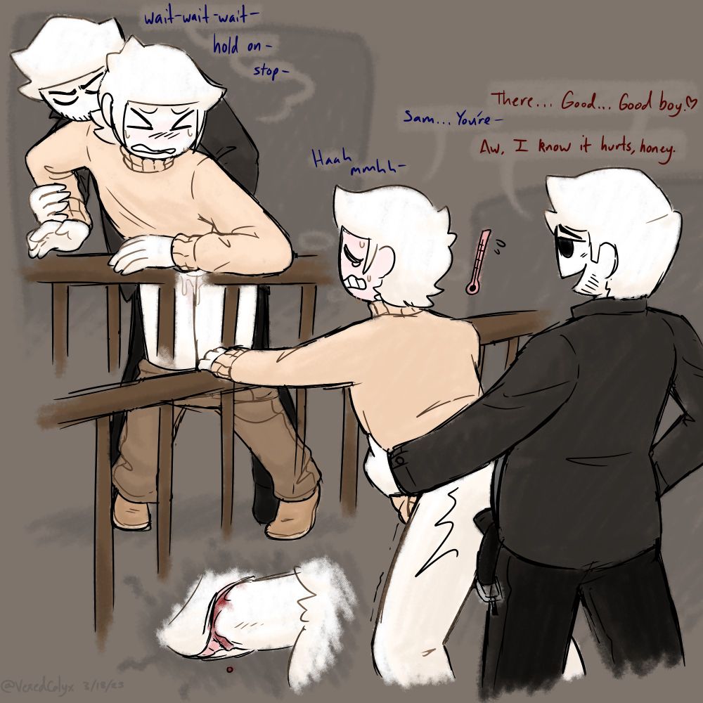Genital swap AU between Sam and Greg. Sam comes onto Greg a little too abrupt and hard. Sam fingers Greg over indoor railing, followed by vaginal penetration with minor bleeding from abstinence. Greg is overheating in his turtleneck. 

Dialogue on fingering:
"Wait– wait– wait– hold on– stop–"

Dialogue on penetration:
"There... Good... Good boy. ❤️"
"Sam... You're–"
"Aw. I know it hurts, honey."
Gregory moans.