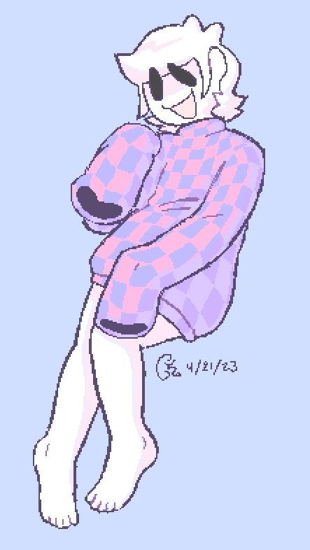 Gregory in a long checkered sweater and no bottoms.