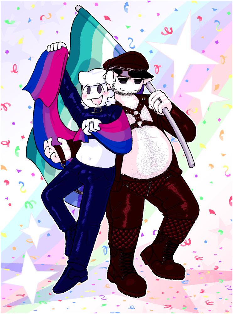 Sam and Greg at Pride. Gregory is in a leather crop top and pants with a buckled collar around his neck. He's holding out the bisexual flag and wrapping it around himself. 
Samuel is shirtless but wearing a leather jacket, hat, pants, boots, and an x-shaped harness. He has one arm wrapped around Greg holding a leash. In his other hand is a large MLM flag on a pole. 
The background is white with a strip of rainbow in the center and sporadic confetti.