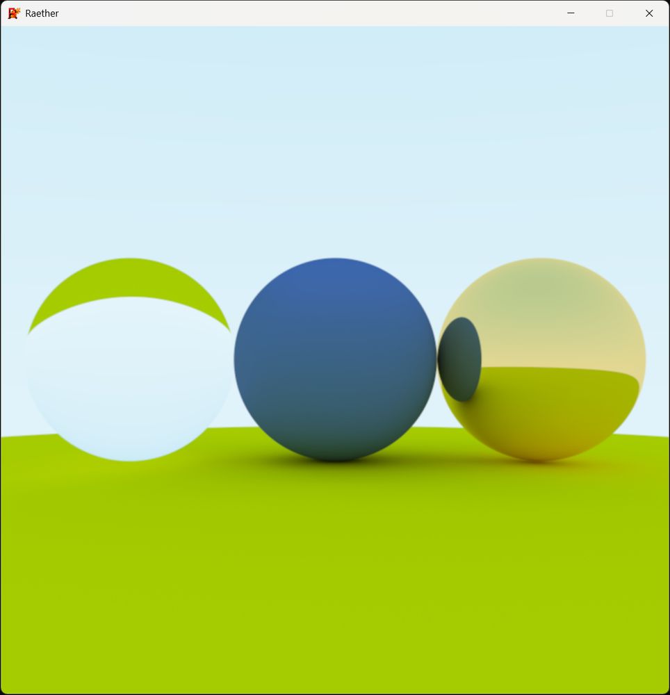 A render of a scene with four spheres with metallic, diffuse and dielectric material.