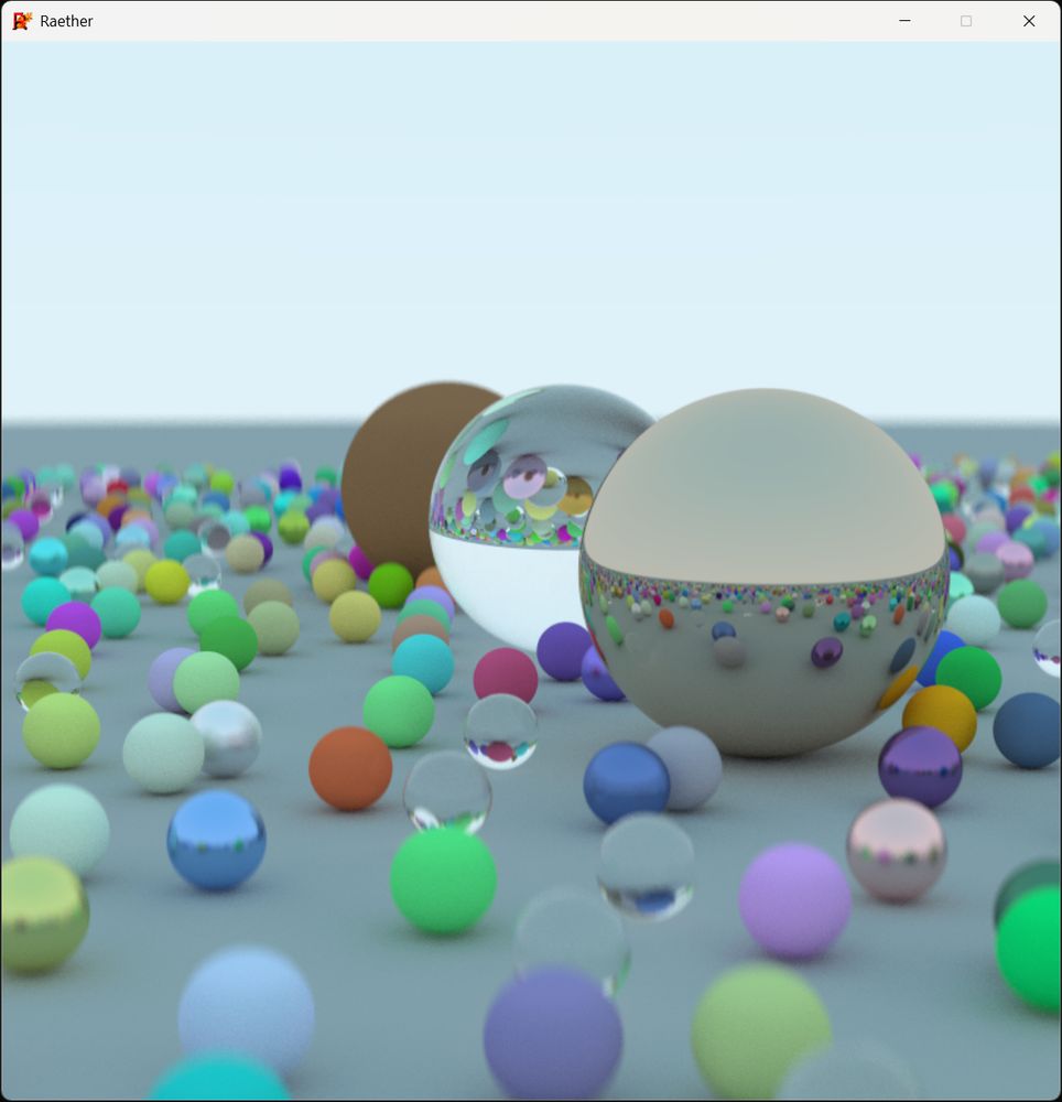 A render of a scene with many spheres with a combination of metallic, diffuse and dielectric material showcased with defocus blur effect.