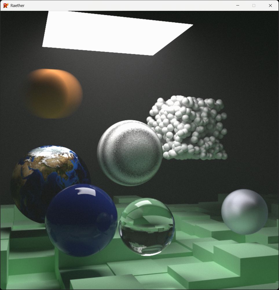 A render showcasing various spheres with different materials: a textured Earth sphere, a metallic sphere, a glass sphere, and a diffuse sphere, alongside a cluster of spheres, all set on a surface made with boxes with random heights and illuminated by an emissive quad.